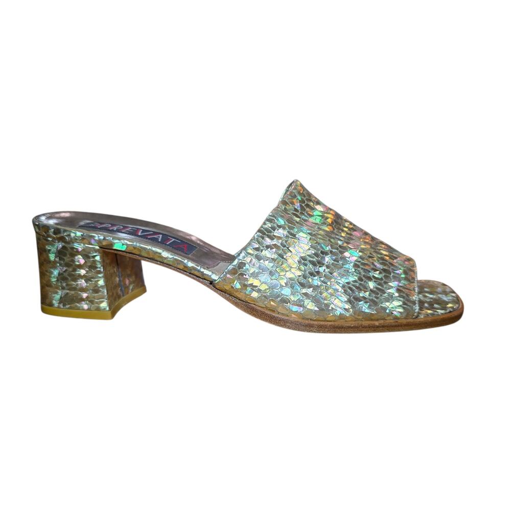 Vintage PREVATA Holographic Gold Block Heel Mules 7.5AA 90s Y2K Made in Italy